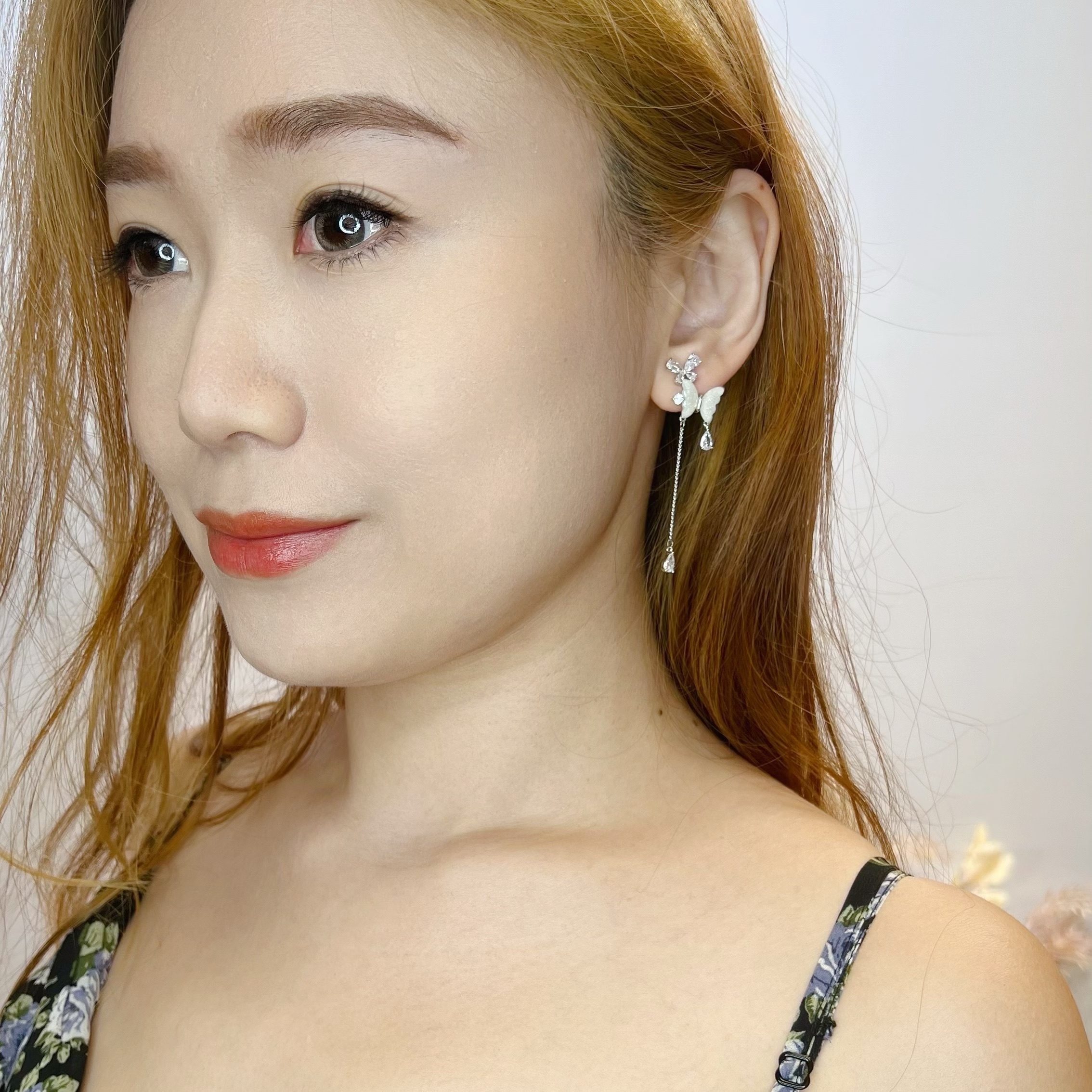 PYA0801 CATEYE STONE DOUBLE BUTTERFLY LONG EAR RING