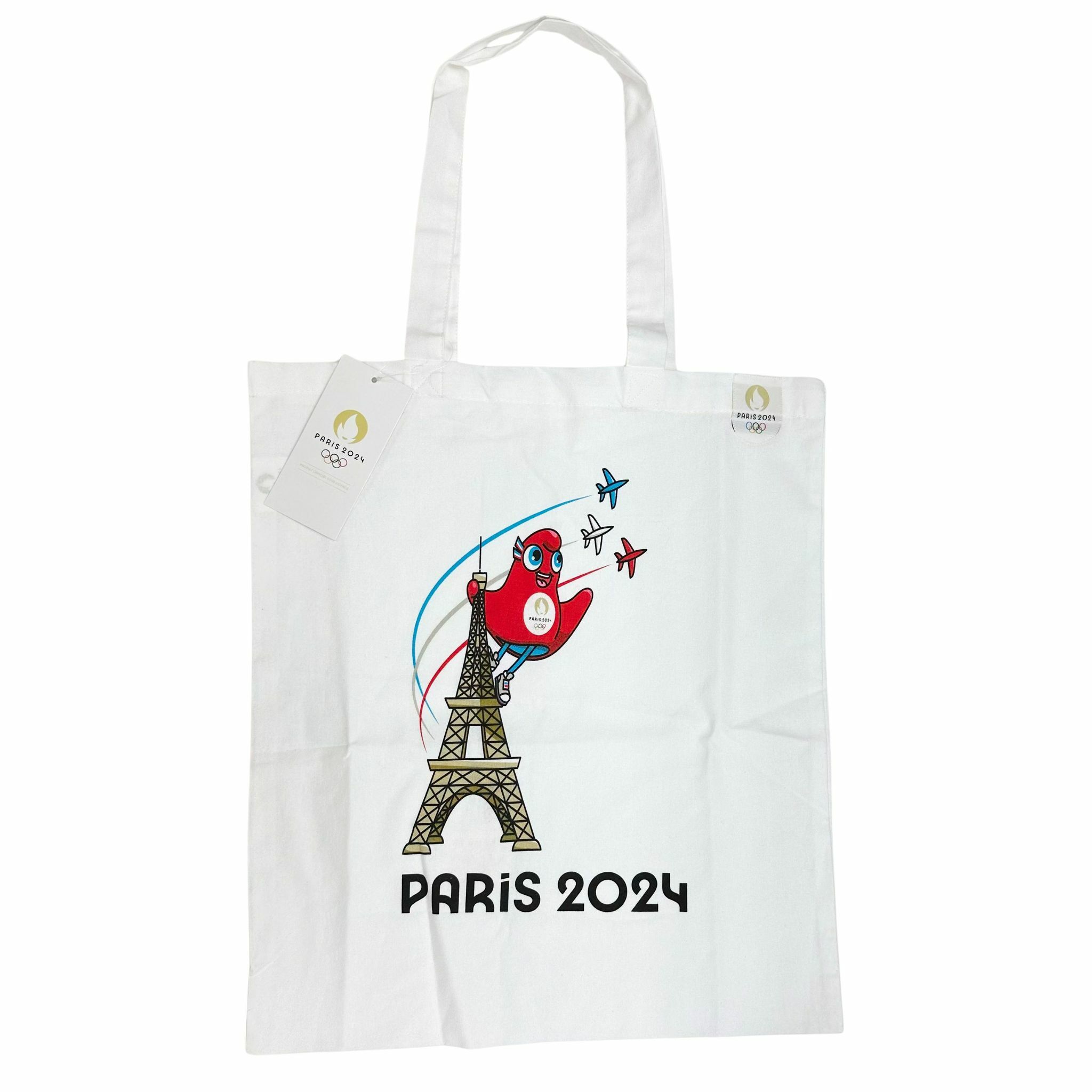 1EU0704-270 OLYMPICS Paris 2024 Olympics Mascot and Eiffel Tower Tote Bag White #BWJOMASTB020 (B-EU-E)