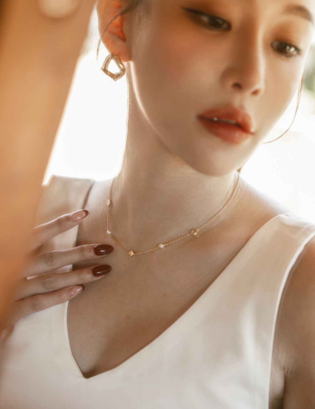 菱形白貝珍珠細鍊（金色）