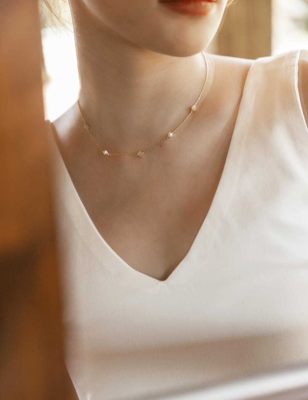 菱形白貝珍珠細鍊（金色）