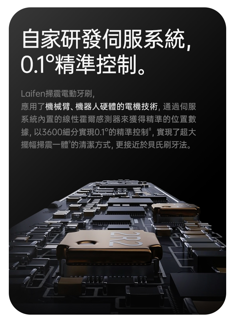 Laifen  使用電機馬達，能實現0.1度角度的精準擺幅控制微調，全新世代電動牙刷由Laifen Wave開始