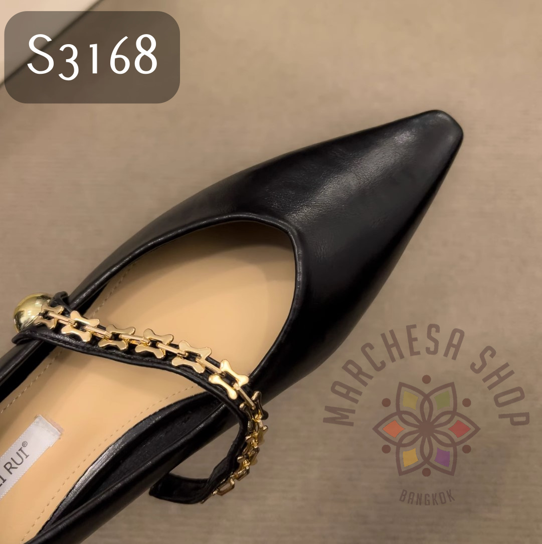 S3168 - 簡約牛皮一字金鏈帶尖頭平底鞋