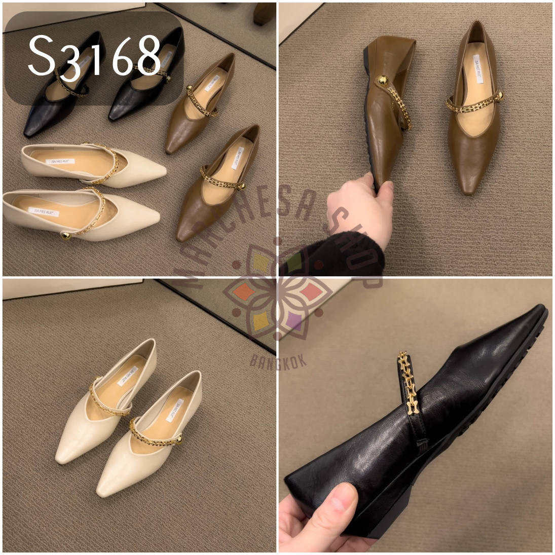 S3168 - 簡約牛皮一字金鏈帶尖頭平底鞋