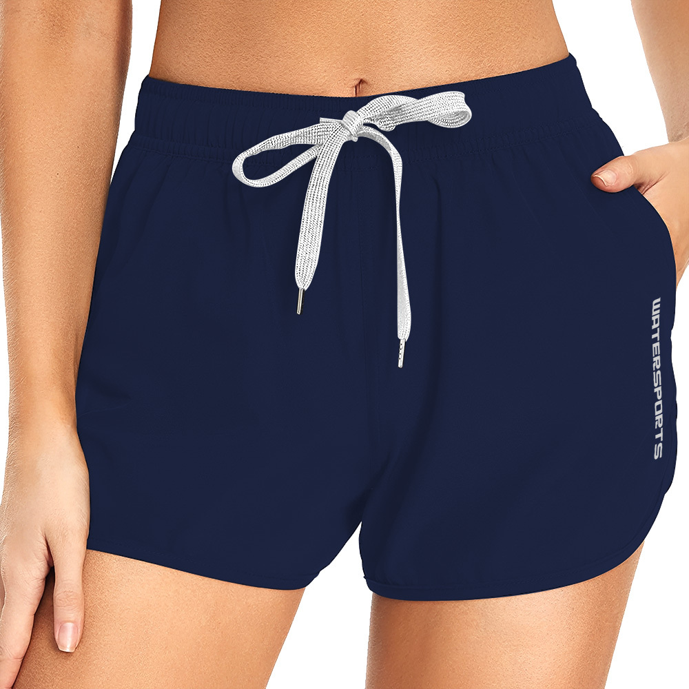 女士雙層游泳沙灘短褲 - 深藍