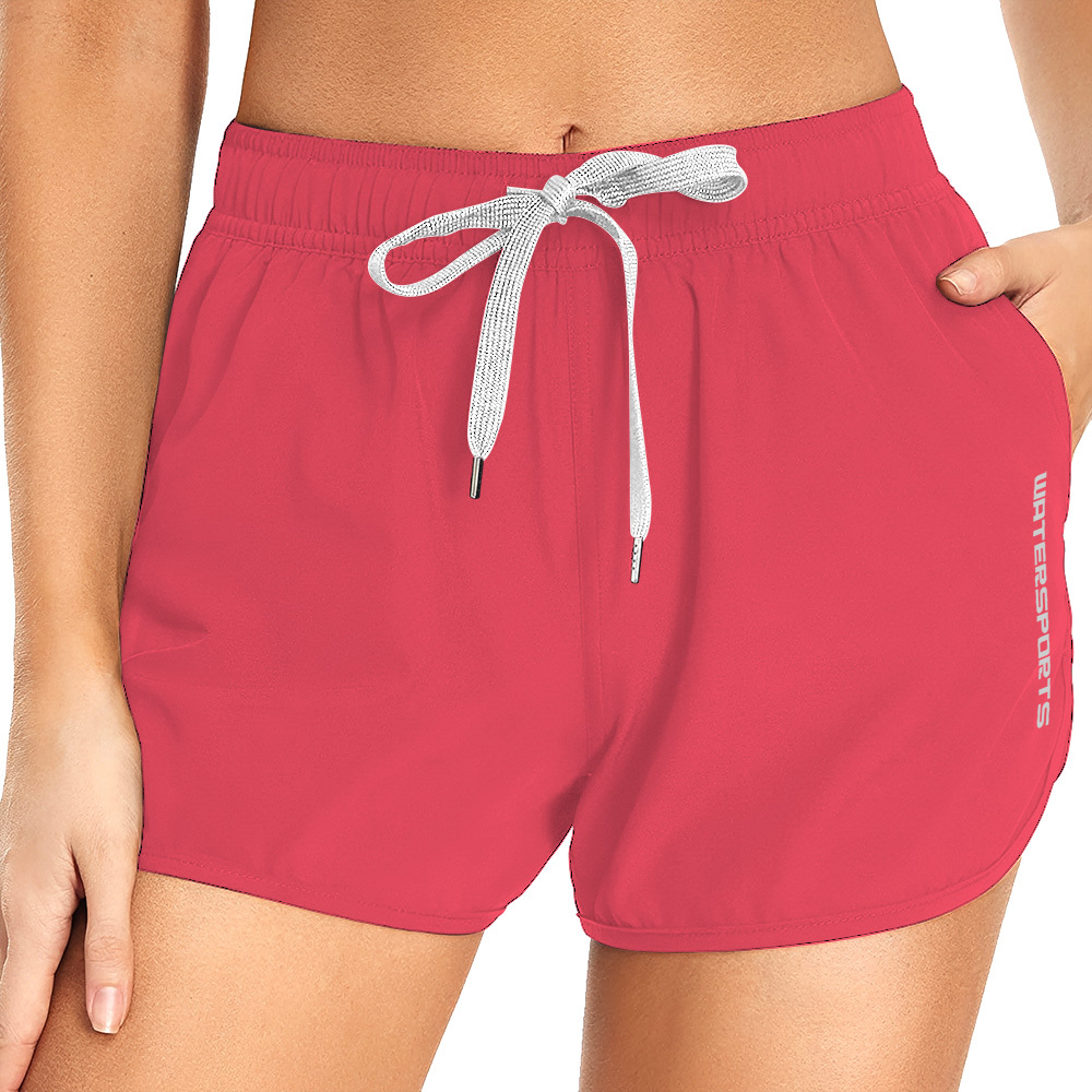 女士雙層游泳沙灘短褲 - 亮紅