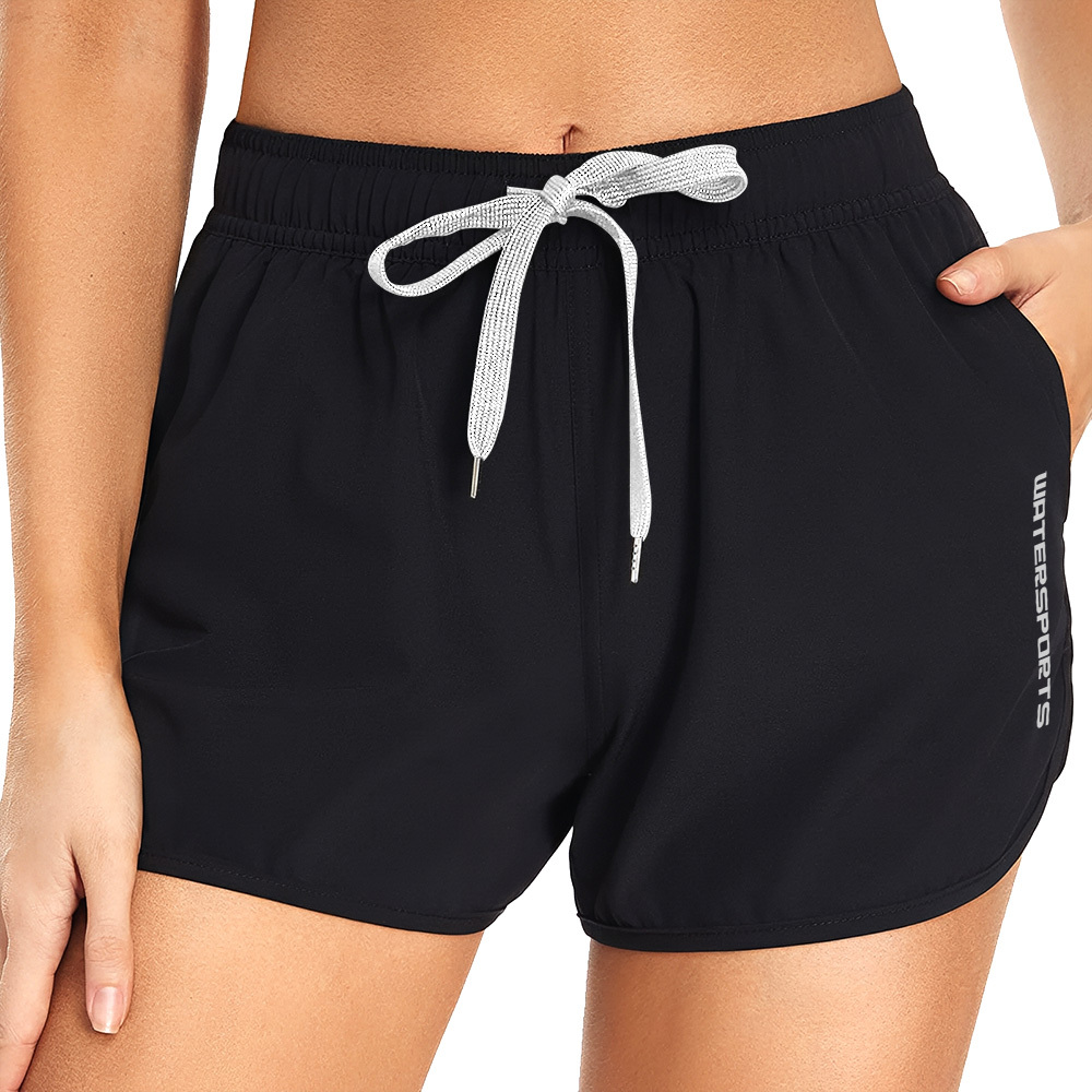 女士雙層游泳沙灘短褲 - 黑