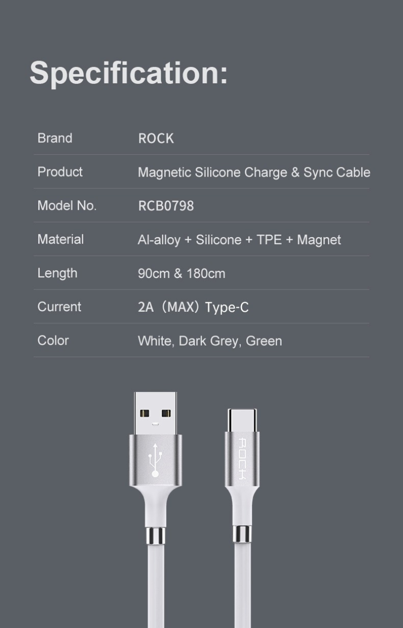 Rock 磁吸硅膠耐用充電線  iPhone Lightning l Type-c