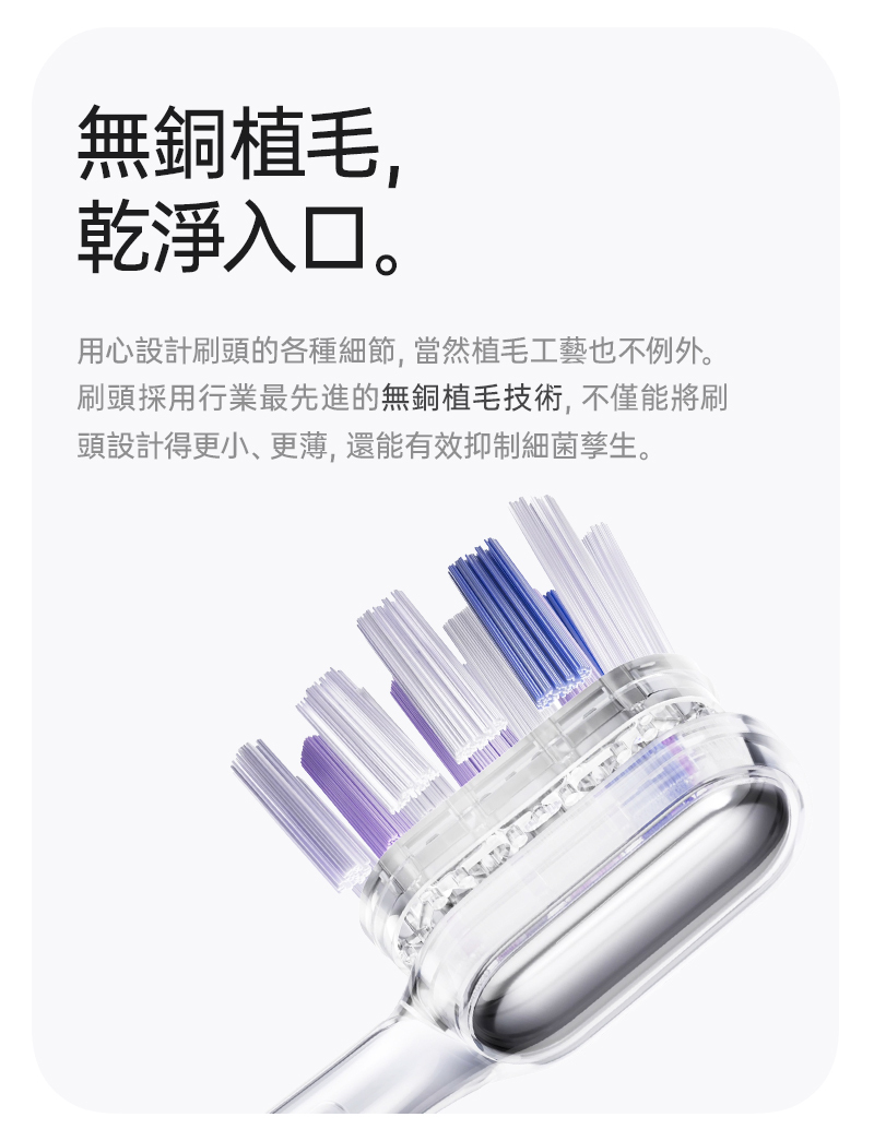 刷毛入口，最重要的就是清潔乾淨，無銅植入的刷毛讓你不必擔心刷毛底部卡了生鏽的髒水或是黴菌，乾淨、衛生才是口腔清潔最重要的重點!
