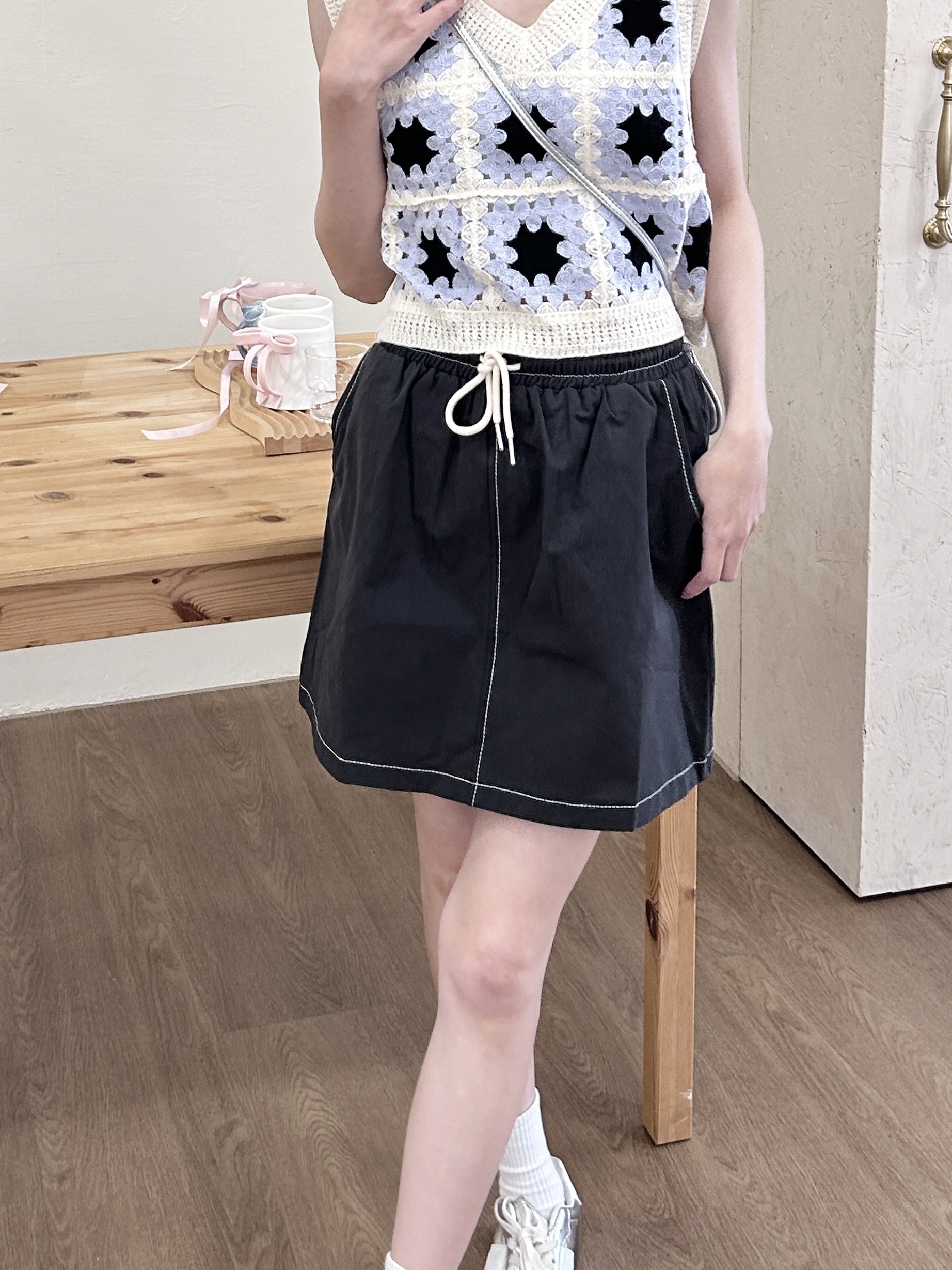 水洗配色綁帶短裙