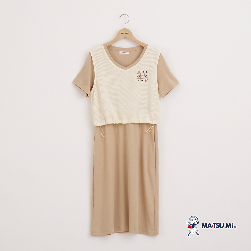 MA‧TSU Mi V領假兩件拼色抽繩設計棉洋裝(卡.深藍)