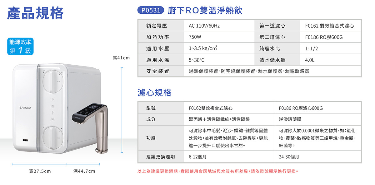 櫻花P0531廚下RO雙溫淨熱飲水機 規格表