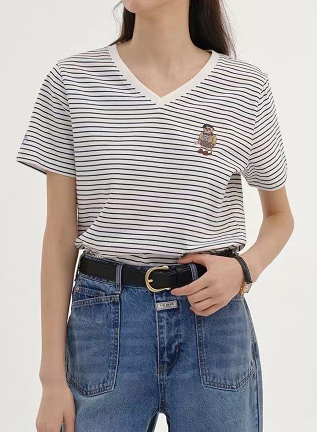V領條紋文青風熊熊上衣-一色