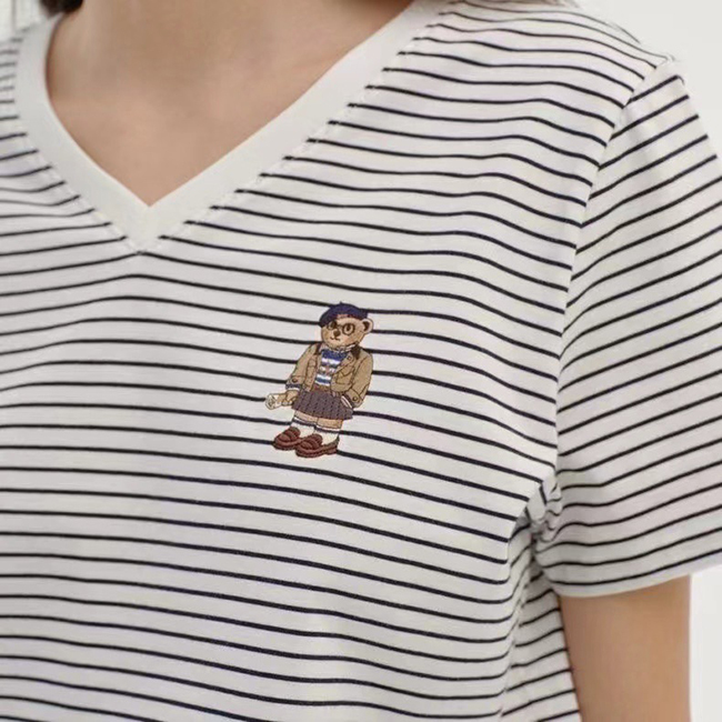 V領條紋文青風熊熊上衣-一色