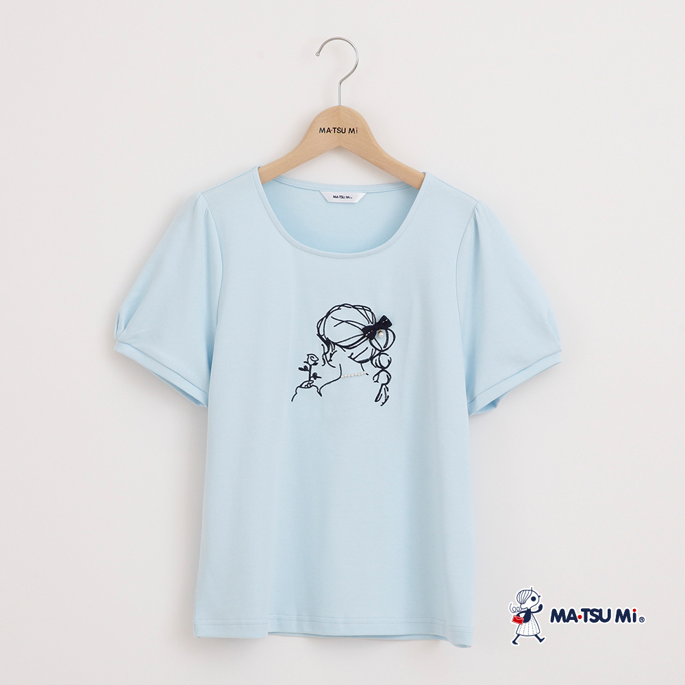 MA‧TSU Mi 少女戴珍珠繡花圖案棉上衣(水藍.深藍)