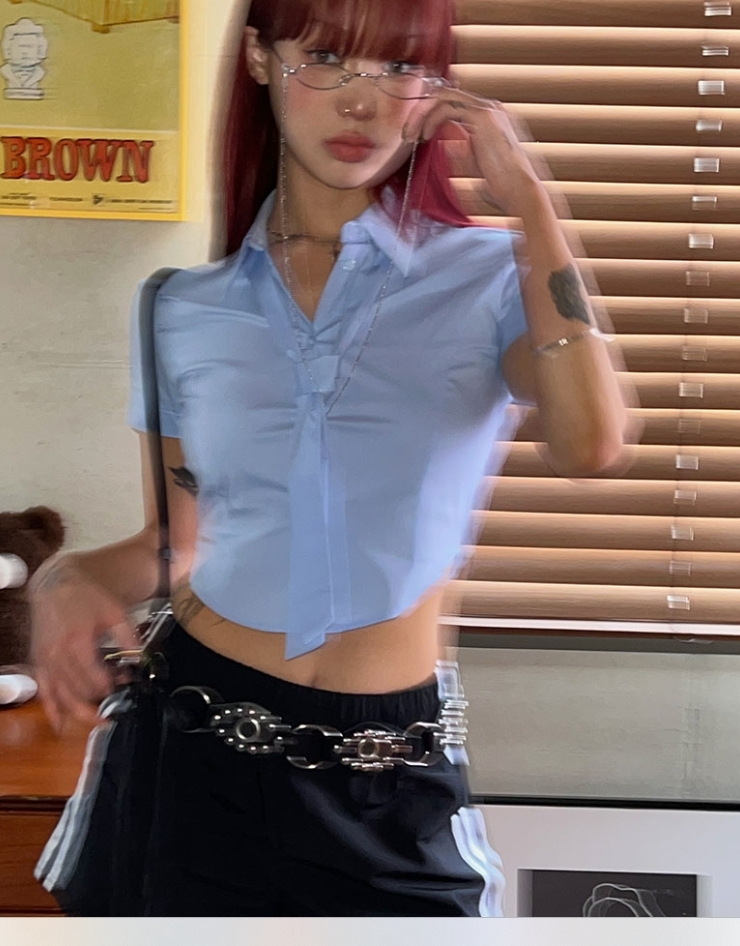 韓國 酷辣 純欲 領帶 修身  短版 短袖 襯衫