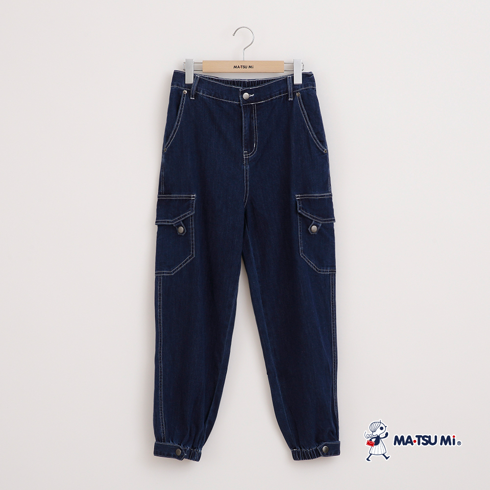 MA‧TSU Mi 丹寧感車線設計工裝風縮口長褲(深藍)