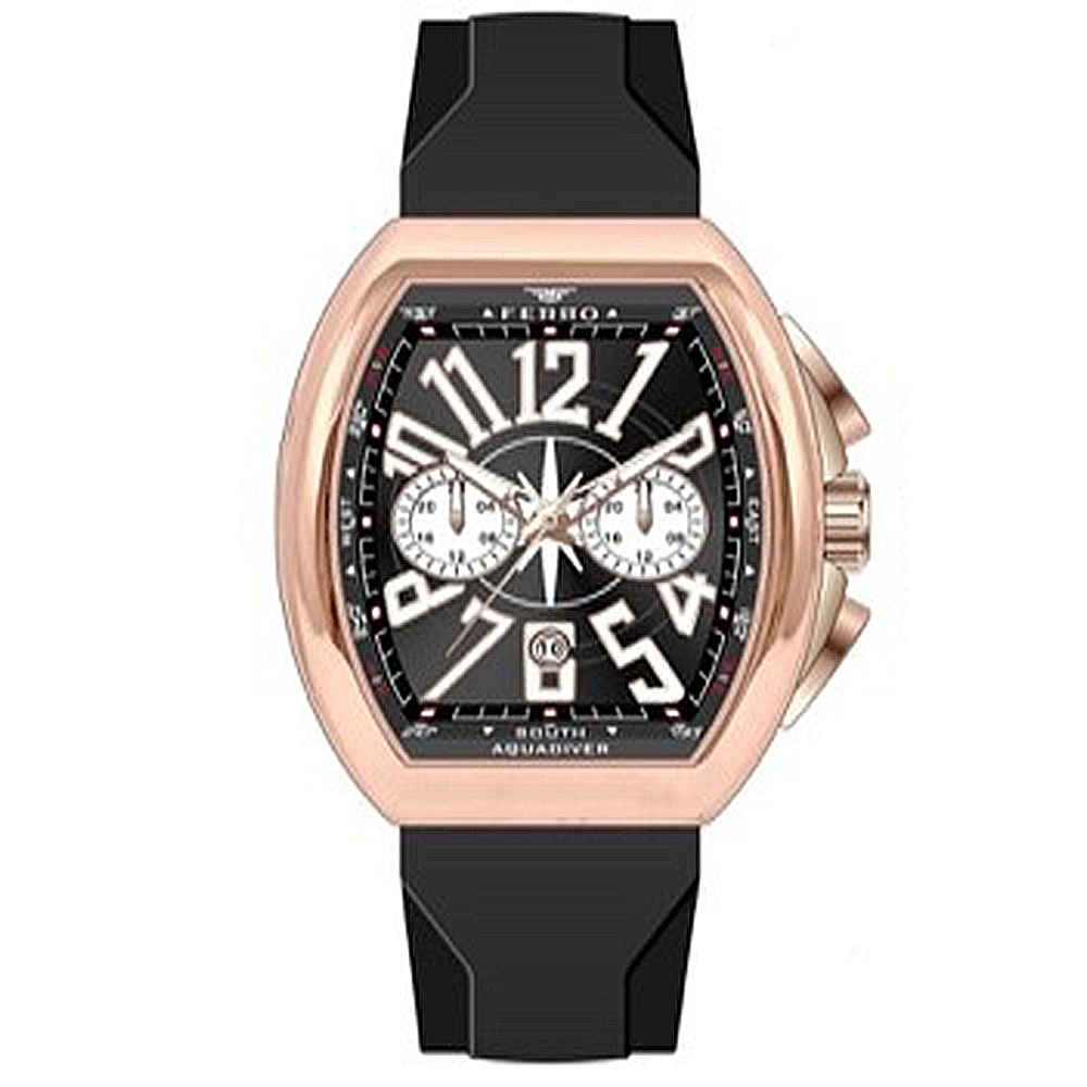 【FERRO 費羅】FM11444DWT 真兩眼 帶日期 酒桶型 大數字 夜光 矽膠 腕錶 手錶 -