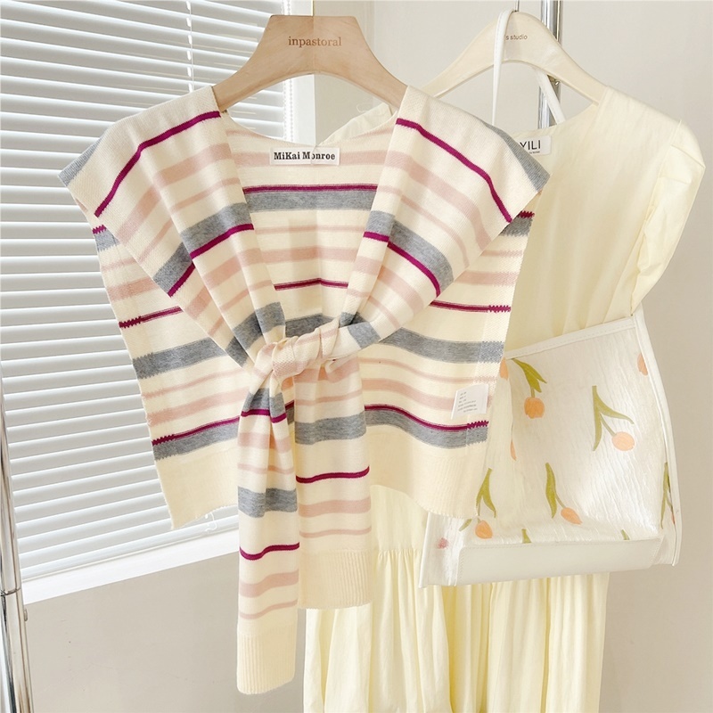綁帶式多彩條紋針織披肩 六色