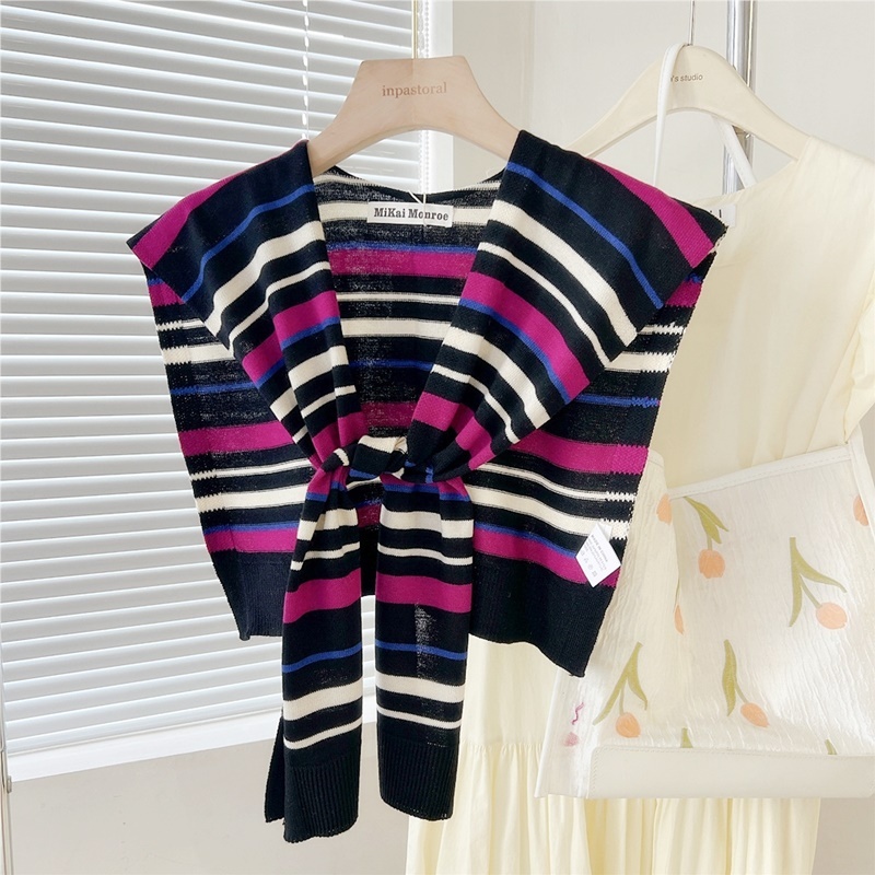 綁帶式多彩條紋針織披肩 六色