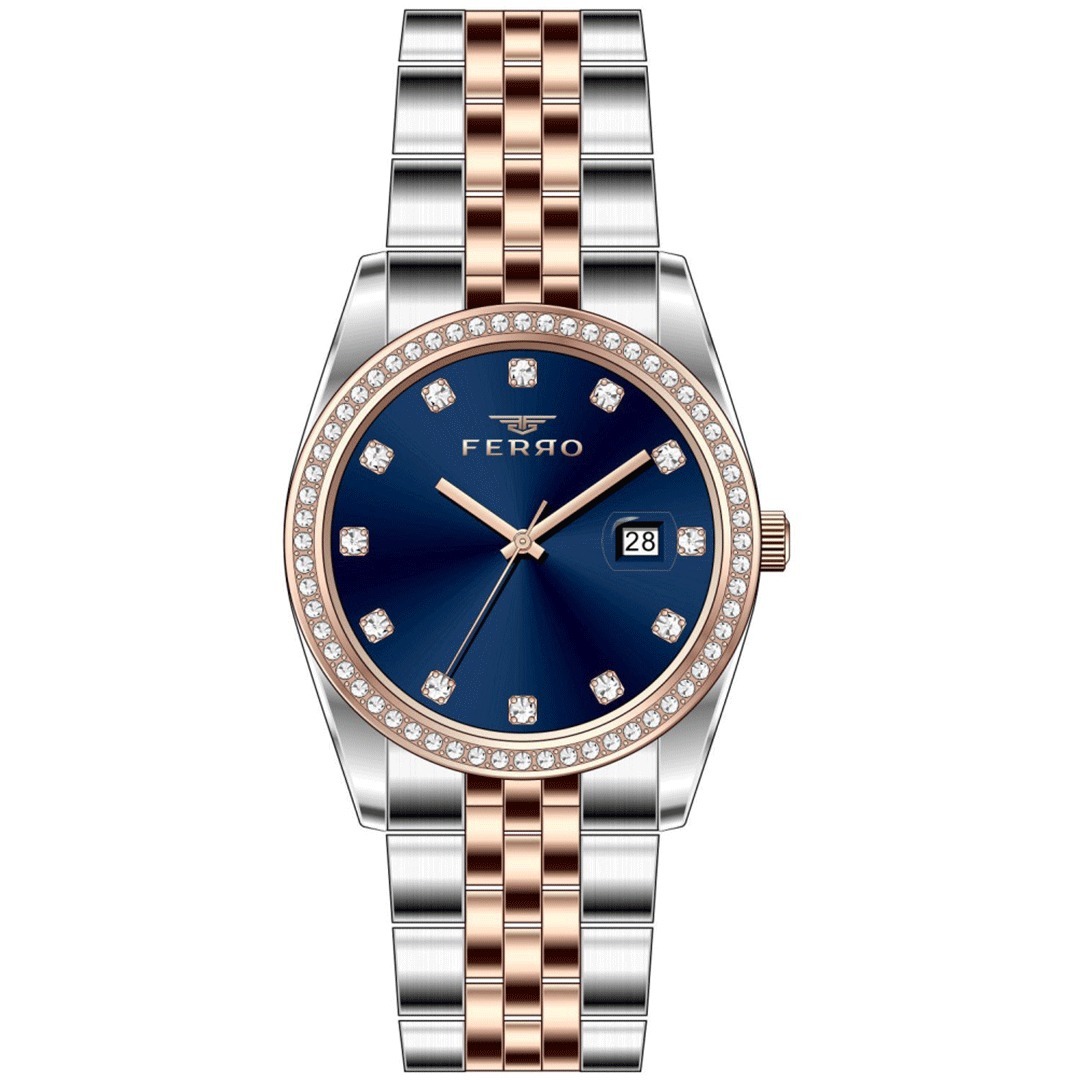 【FERRO 費羅】FL21450AWT 晶鑽 蝴蝶錶扣 小錶鏡 雙色 不鏽鋼 女款 手錶 -