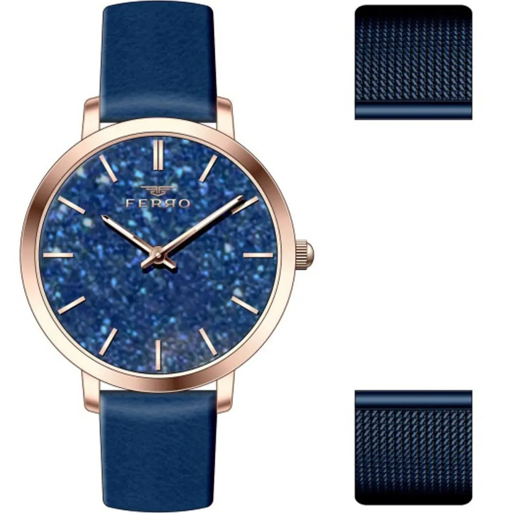 【FERRO 費羅】F21195BWT 滿天星錶盤 快拆式皮革錶帶 夜光 女款腕錶