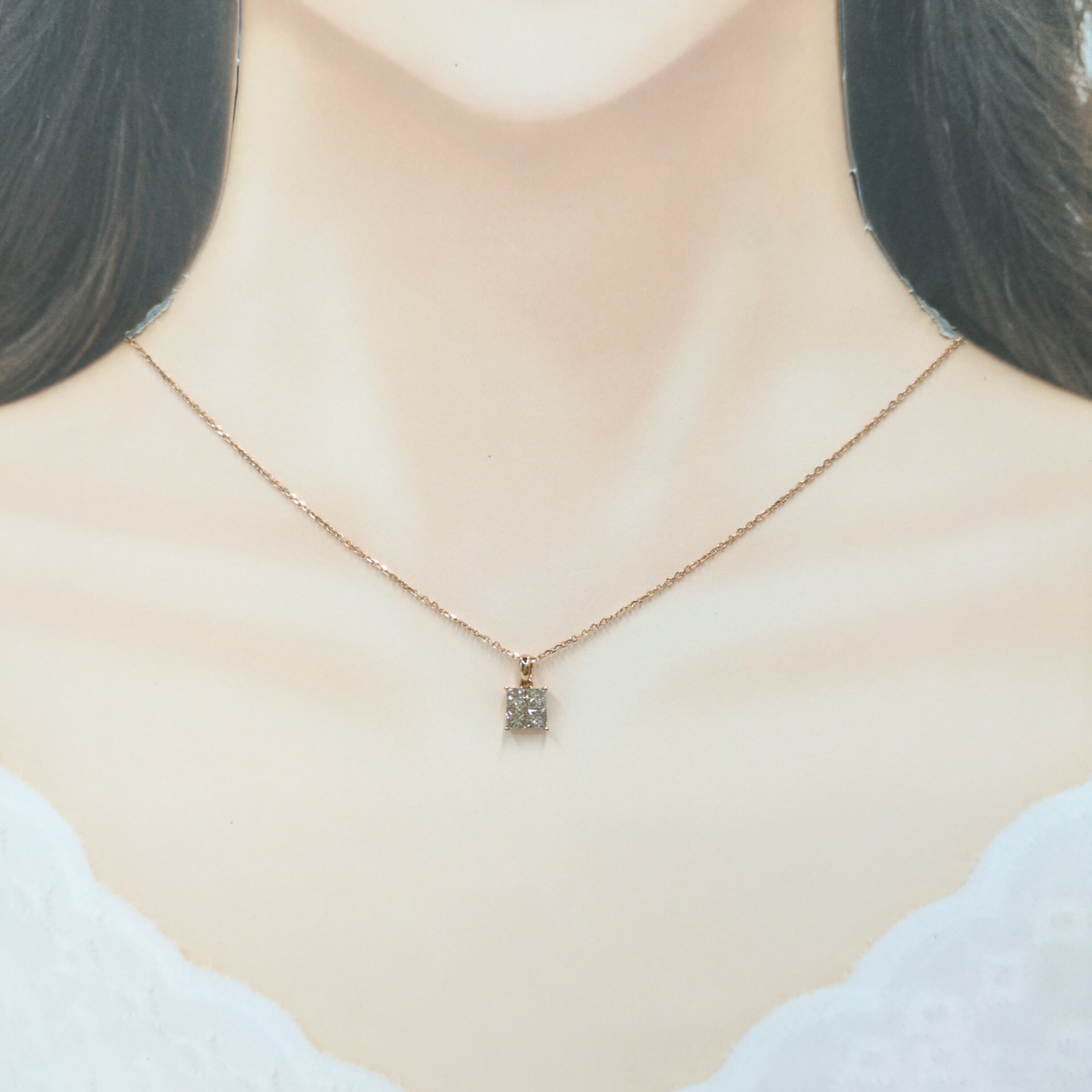 全新18K玫瑰金84份公主方淺啡鑽石吊墜