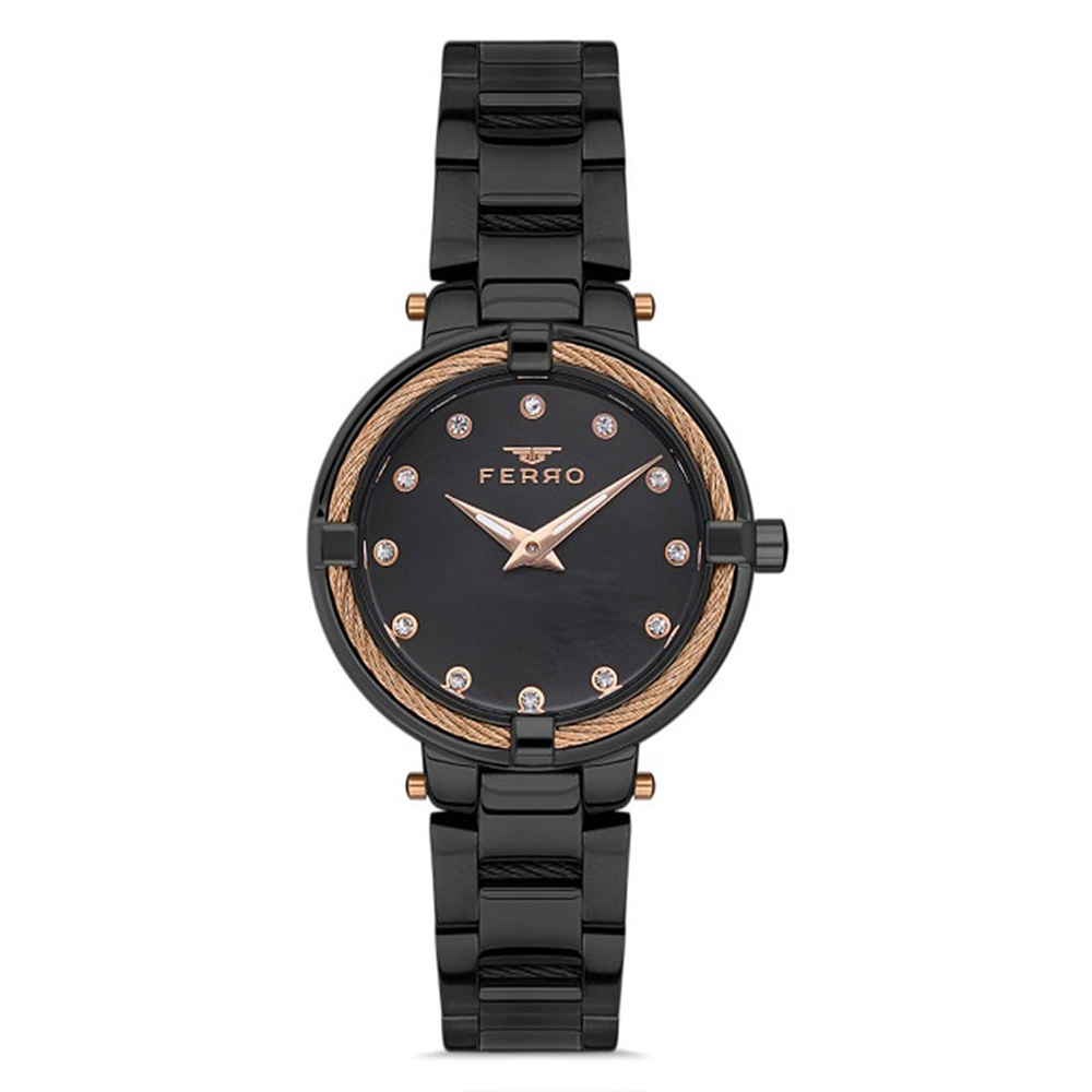 【FERRO 費羅】F40097 晶鑽時標 鋼索錶圈 夜光指針 不鏽鋼 女款 手錶