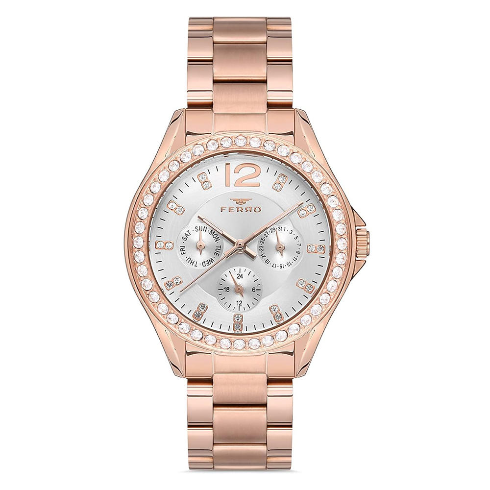 【FERRO 費羅】FM21140A 晶鑽錶盤錶圈 真三眼 帶日期 夜光指針 不鏽鋼 女款 手錶