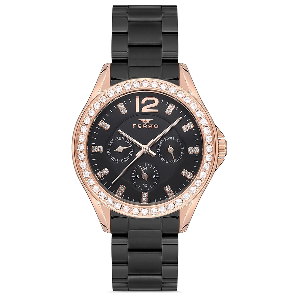 【FERRO 費羅】FM21140A 晶鑽錶盤錶圈 真三眼 帶日期 夜光指針 不鏽鋼 女款 手錶