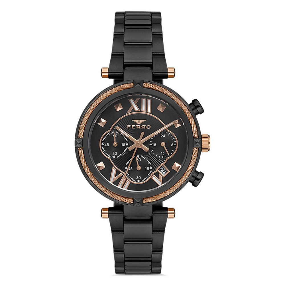 【FERRO 費羅】FM4993A 珍珠母貝錶盤 鋼索錶圈 三眼計時 帶日期 夜光 不鏽鋼 女款 手錶