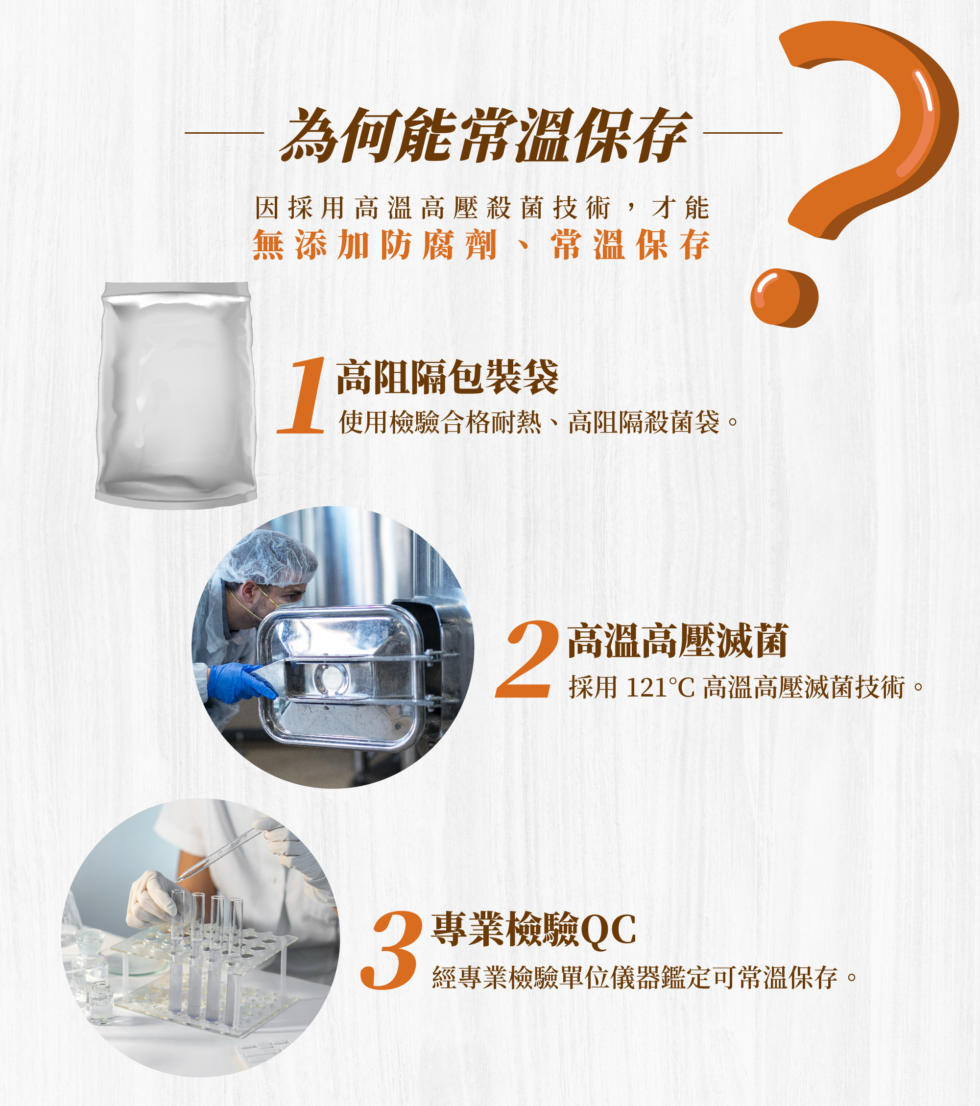 為何能常溫保存,因採用高溫高壓殺菌技術才能無添加防腐劑,常溫保存,