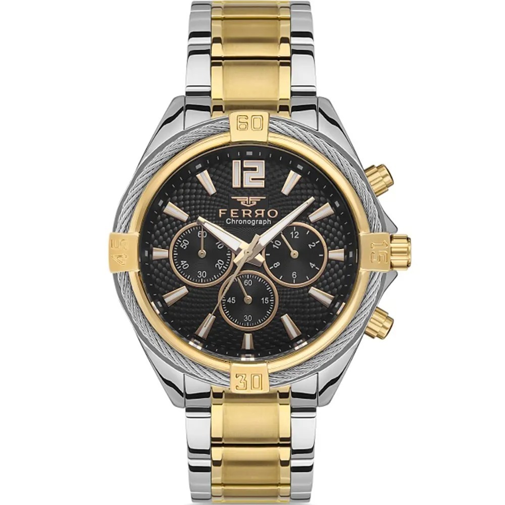 【FERRO 費羅】FM11248A 真三眼 日期星期顯示 鋼索錶圈 夜光指針刻度 不鏽鋼 腕錶