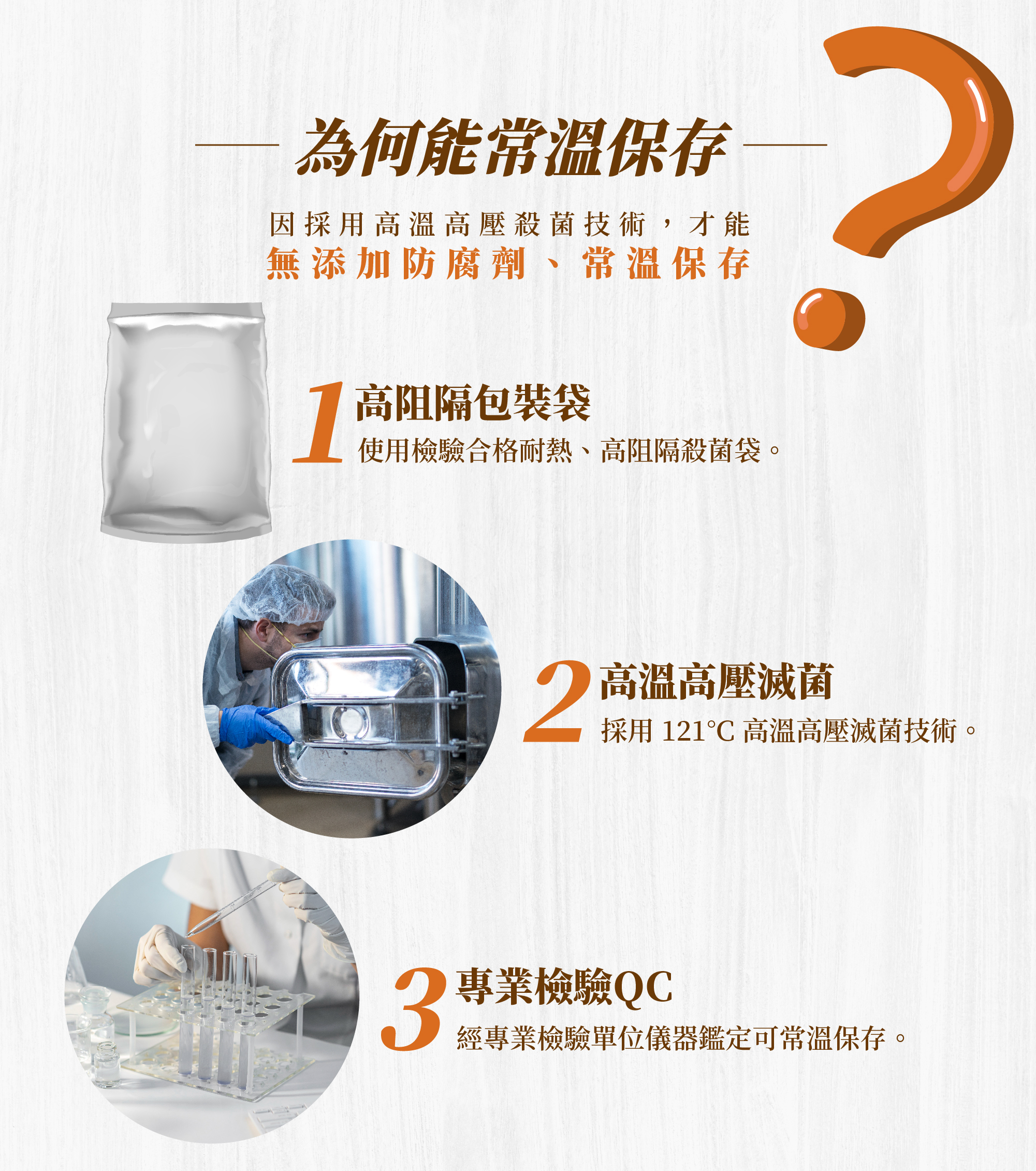 為何能常溫保存,因採用高溫高壓殺菌技術,才能無添加防腐劑常溫保存