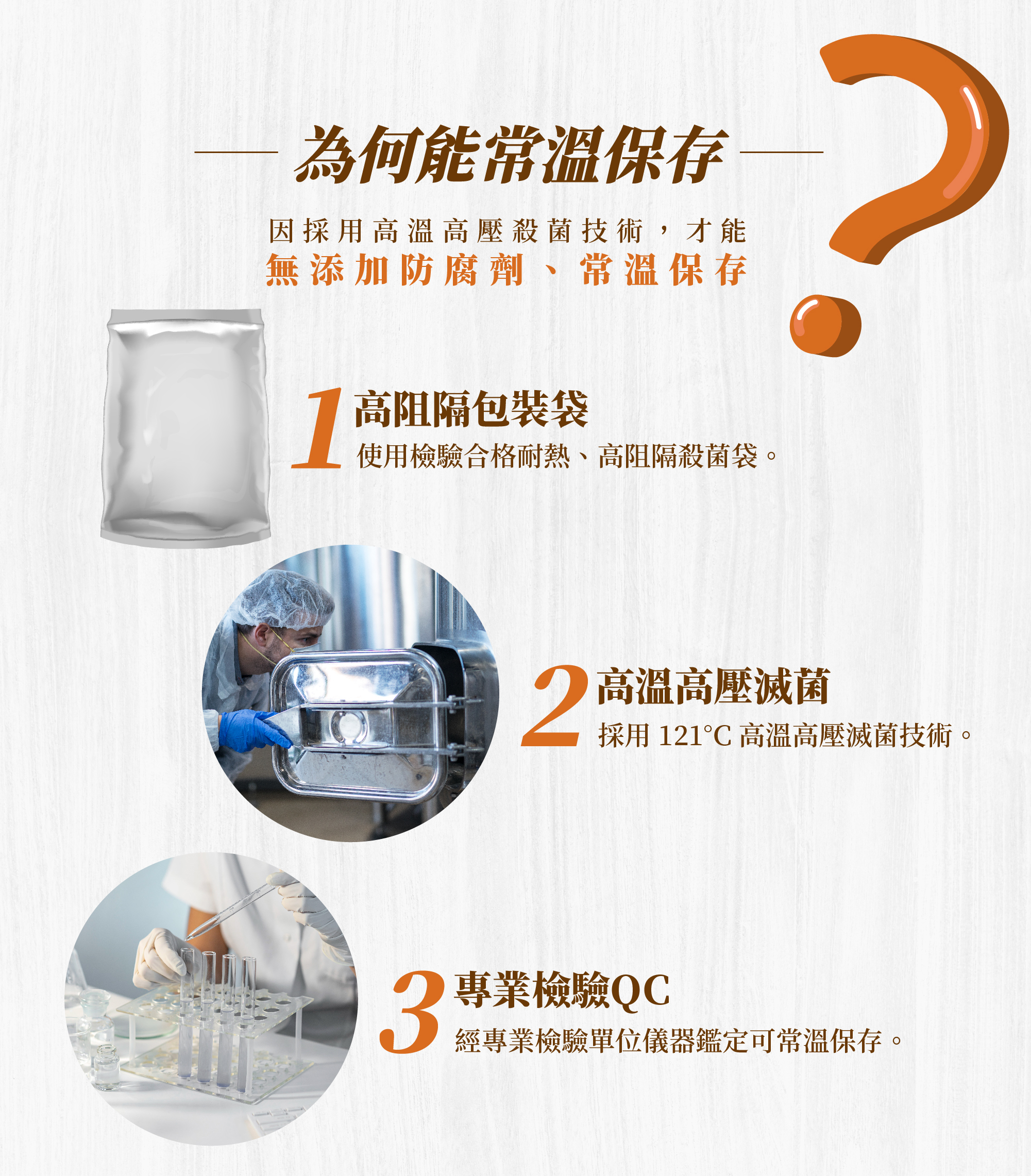 為何能常溫保存,因採用高溫高壓殺菌技術,才能無添加防腐劑,常溫保存