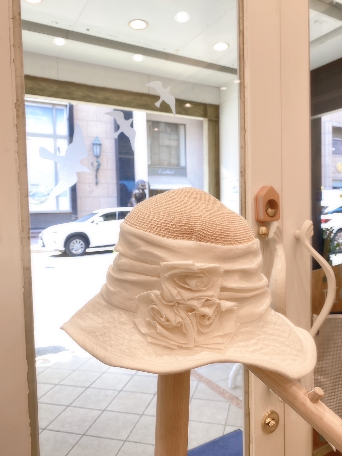 布&草編拼接花朵帽