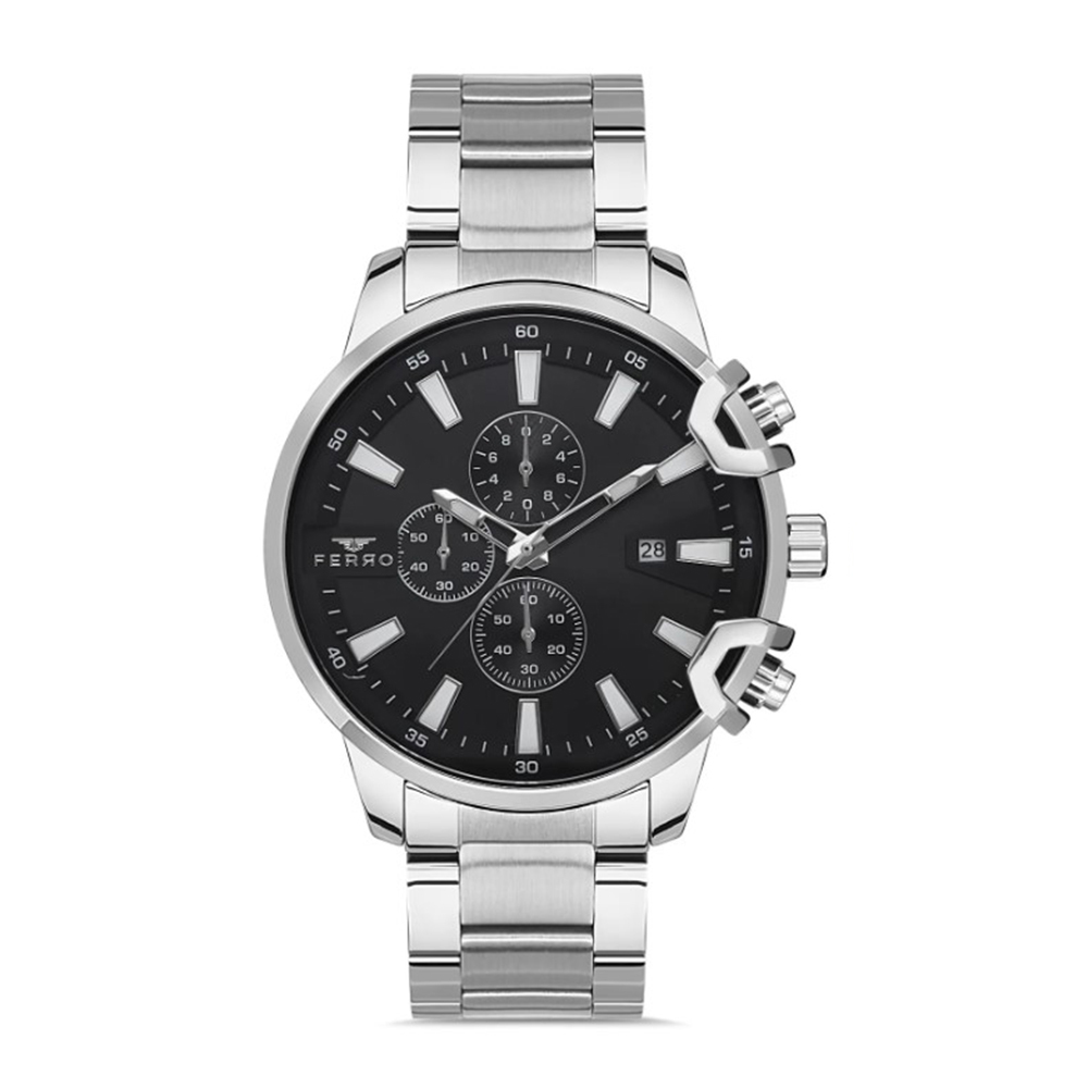 【FERRO 費羅】 F40-098 真三眼 帶日期 夜光指針 不鏽鋼 手錶