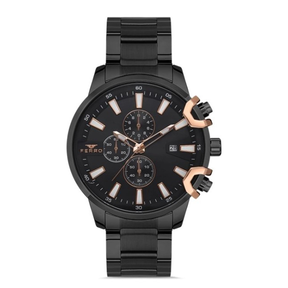 【FERRO 費羅】 F40-098 真三眼 帶日期 夜光指針 不鏽鋼 手錶