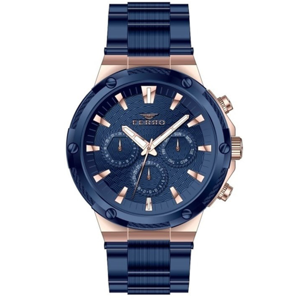 【FERRO 費羅】FM11168A 三眼 日期星期顯示 24小時 夜光指針 不鏽鋼 手錶