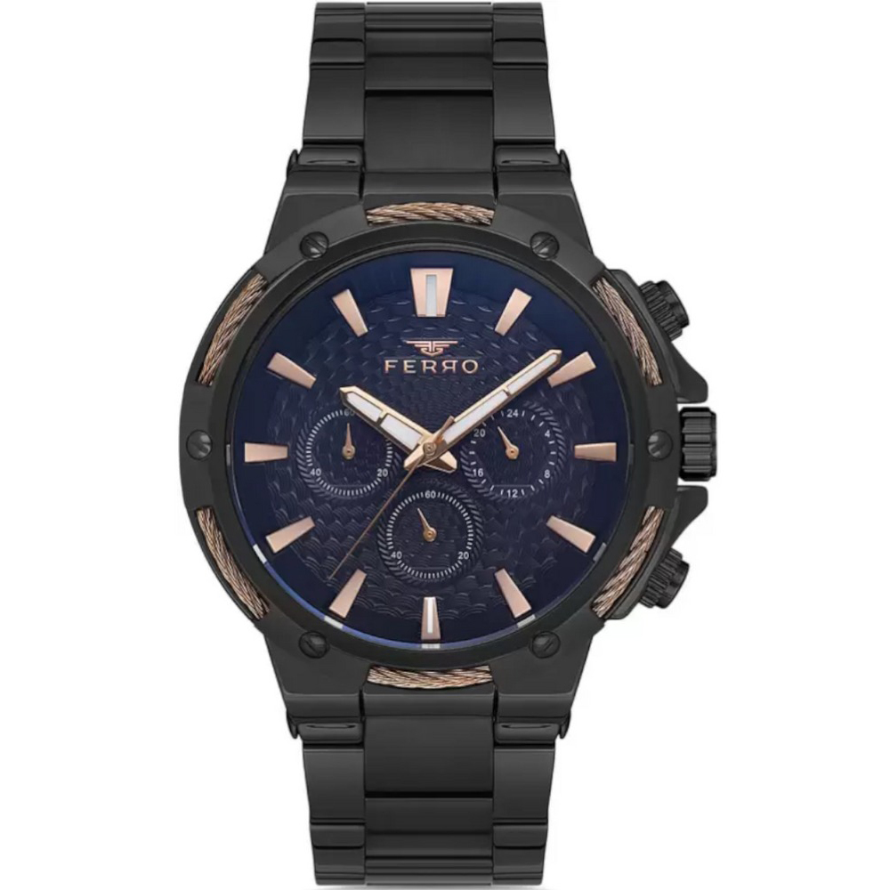 【FERRO 費羅】FM11168A 三眼 日期星期顯示 24小時 夜光指針 不鏽鋼 手錶