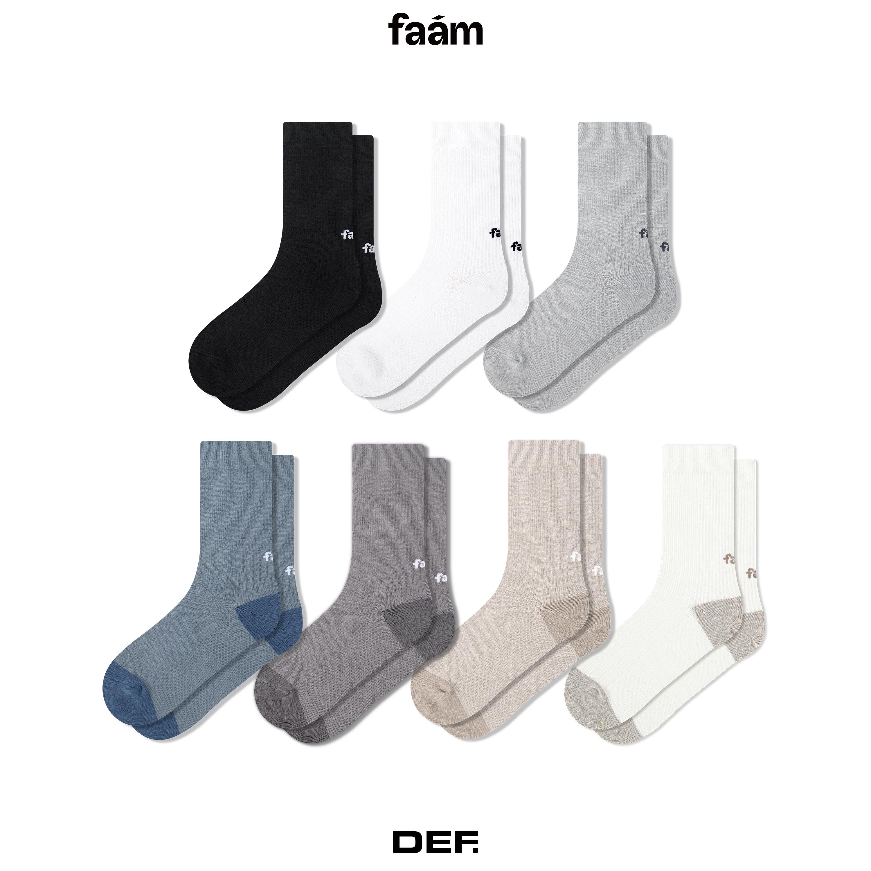 faam / ESSENTIAL LIGHT 輕量素面雙色針織高筒襪 - 象牙灰、煥白、炭黑、冰灰、幽灰、米杏、灰藍