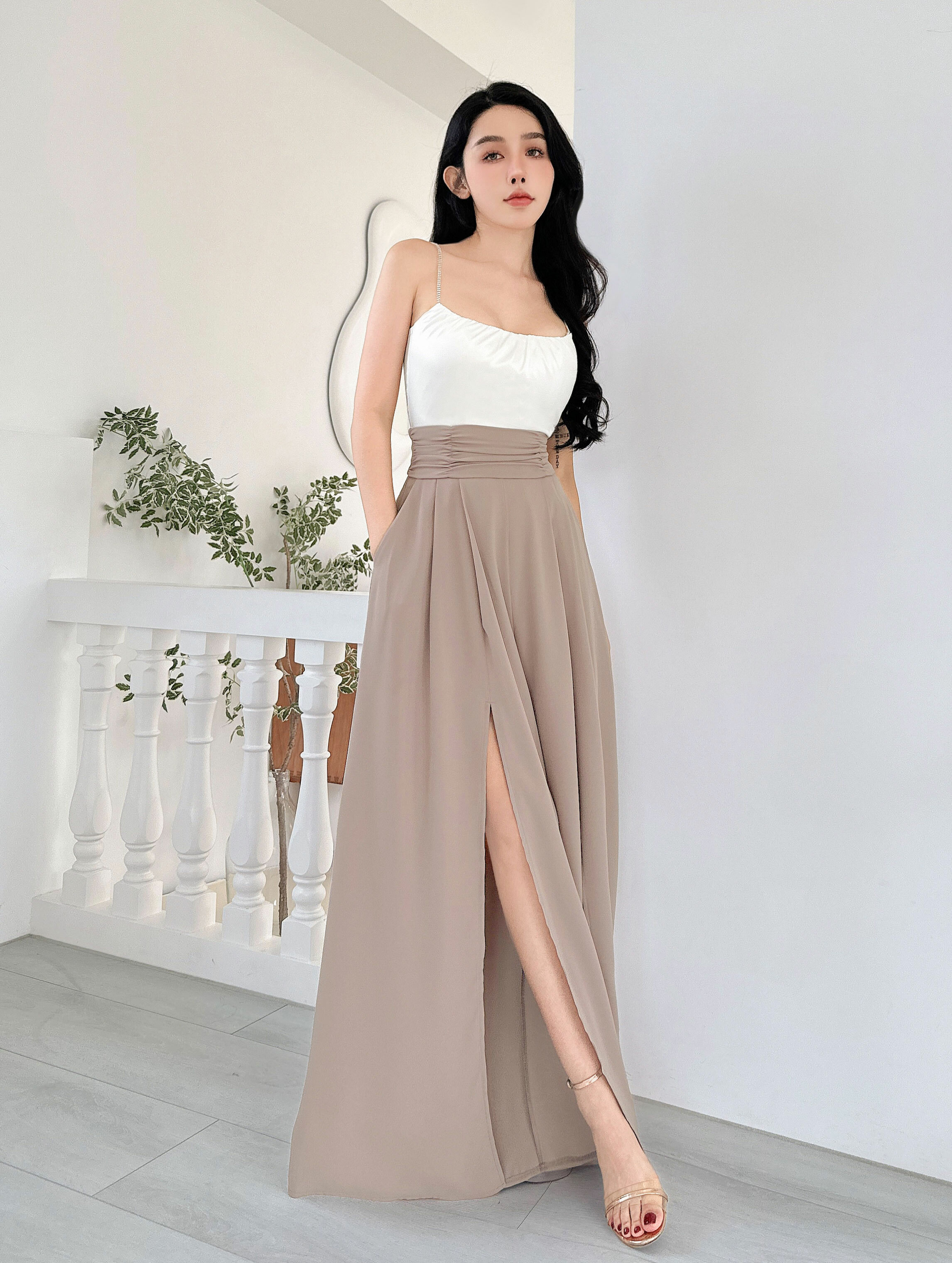 訂製-雪紡抓皺高腰開叉寬褲