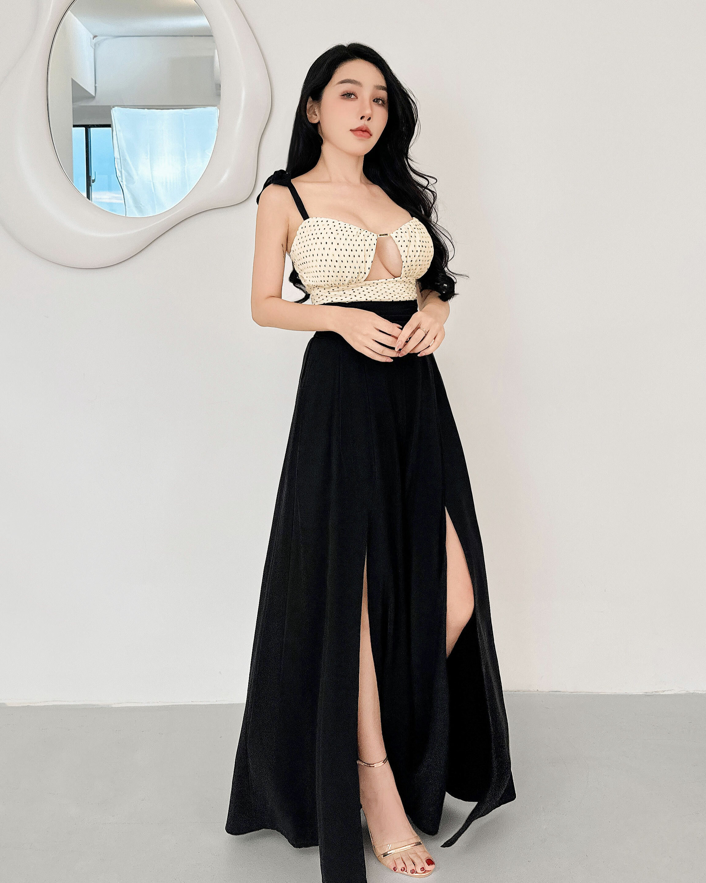 訂製-雪紡抓皺高腰開叉寬褲