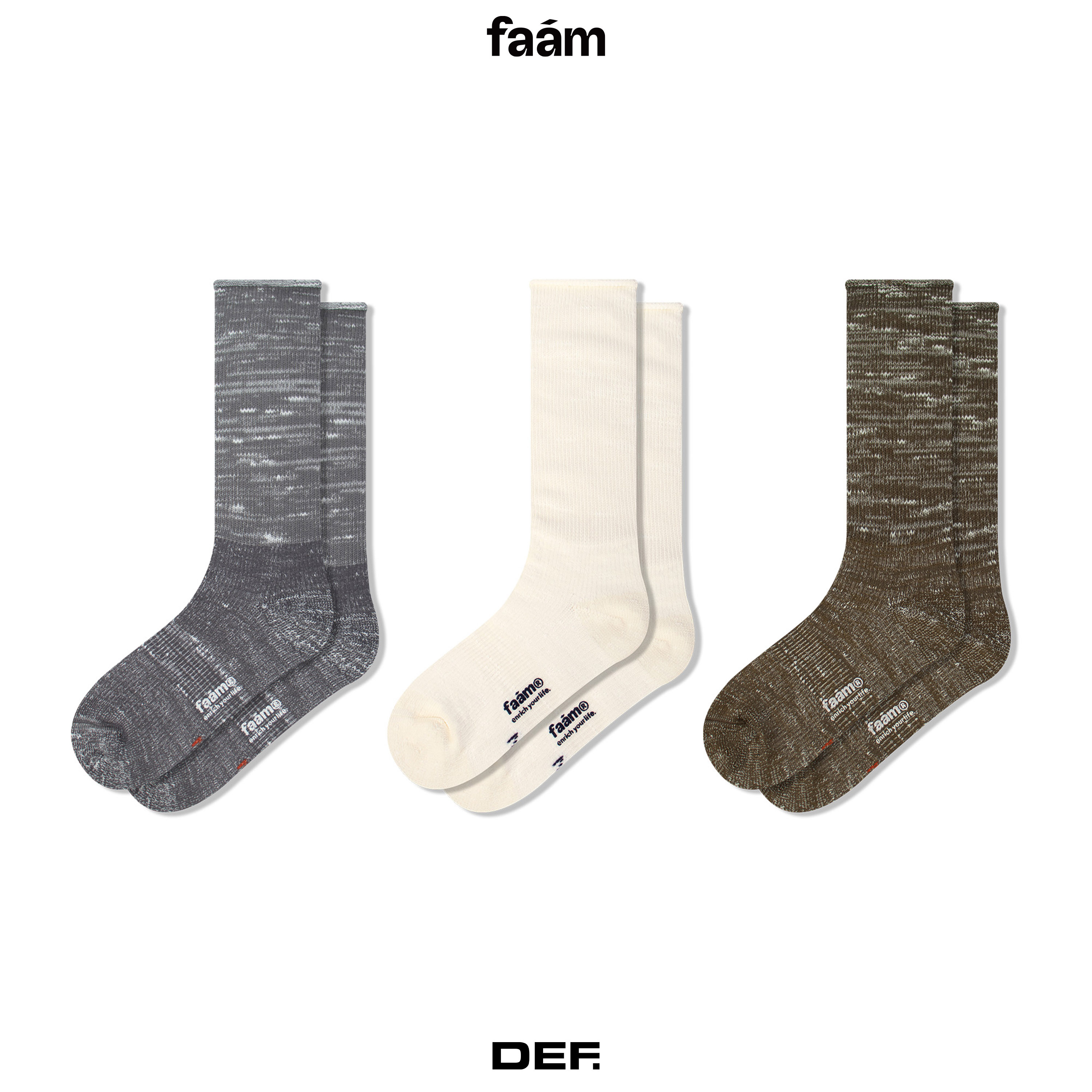 faam / MIXED YARN PILE CREW SOCKS - 混紗針織高筒毛襪 - 軍綠、米白、灰