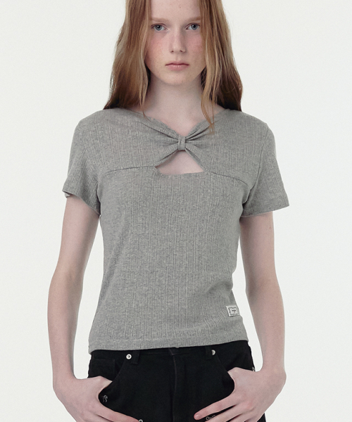 RONRON KNOT RIBBON SLIT HALF T SHIRT