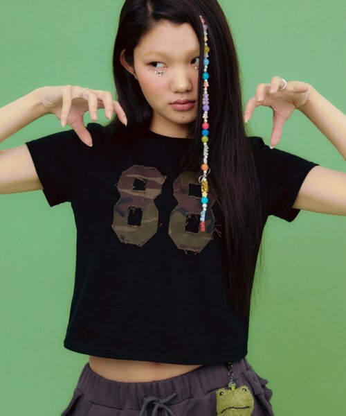 RONRON CAMOUFLAGE APPLIQUE 88 CROP T SHIRTS