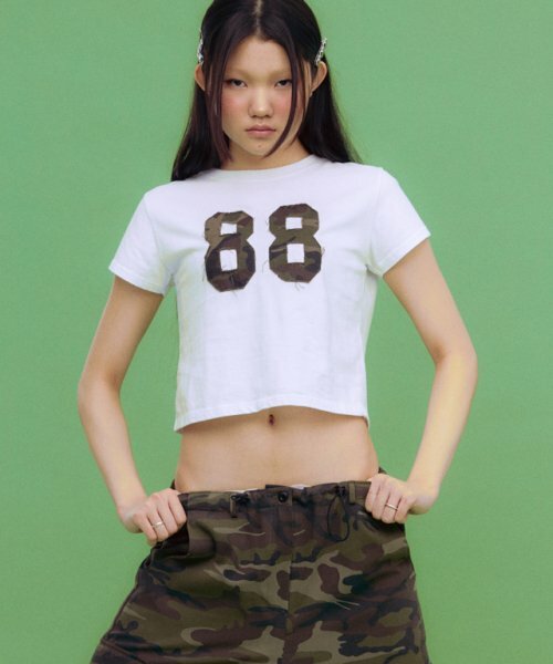 RONRON CAMOUFLAGE APPLIQUE 88 CROP T SHIRTS