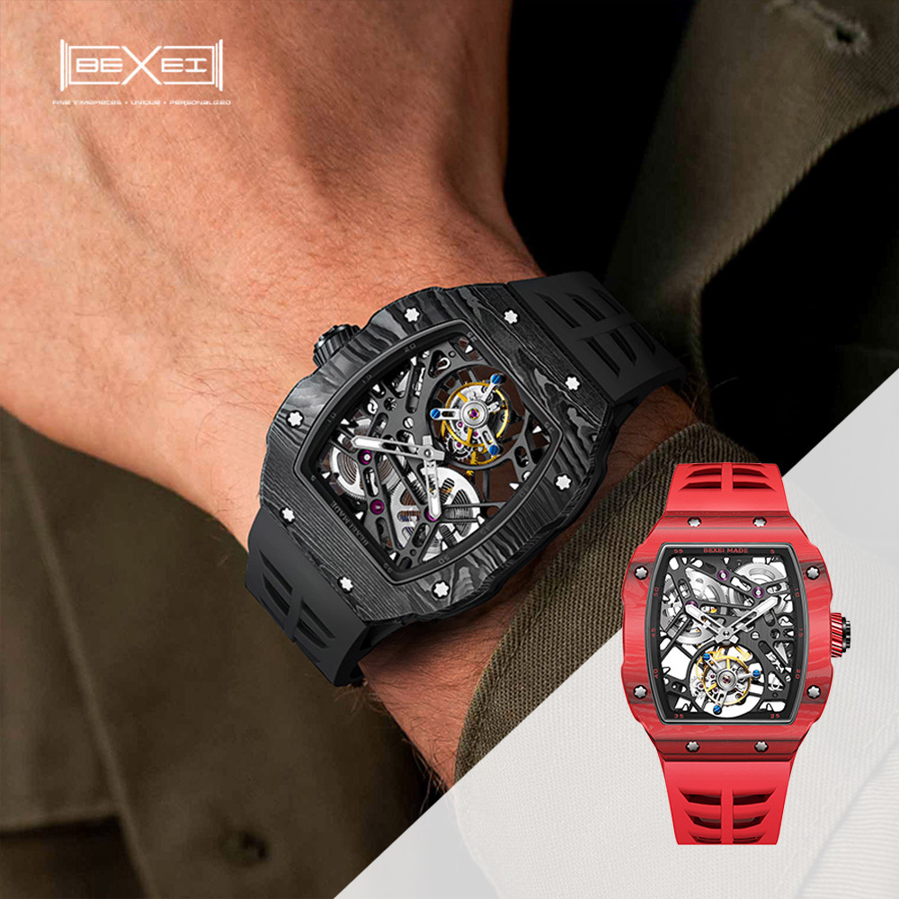 (預購)【BEXEI 貝克斯】陀飛輪鏤空碳纖維夜光不鏽鋼機械錶-9089(競速跑車賽車機械錶)