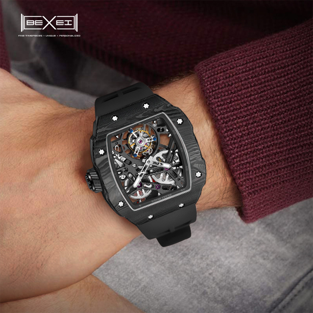 (預購)【BEXEI 貝克斯】陀飛輪鏤空碳纖維夜光不鏽鋼機械錶-9089(競速跑車賽車機械錶)