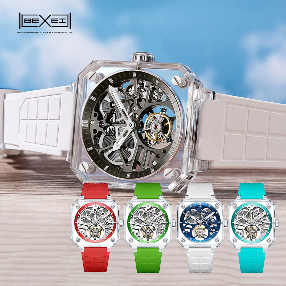 (預購)【BEXEI 貝克斯 】八邊形透螢水晶全自動陀飛輪鏤空機械錶-9112(透明風格機械錶)