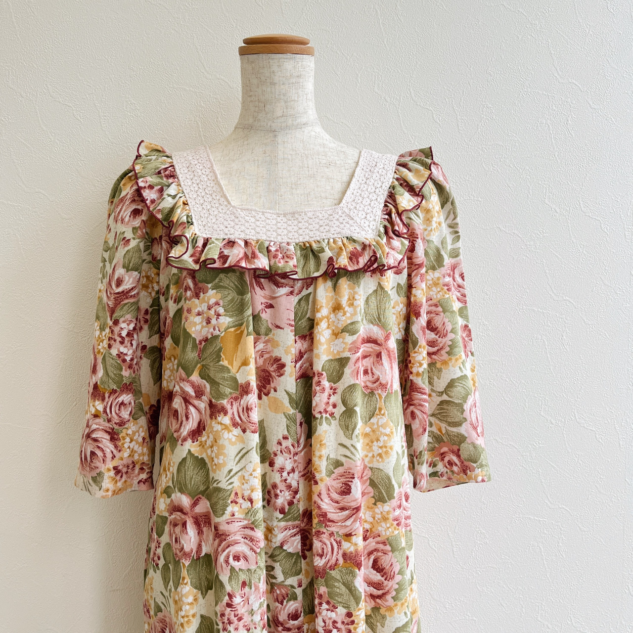 若葉色花花古著連身裙